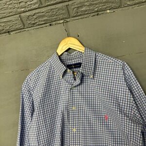 Ralph Lauren Button Down Shirt Tall Large Blue Plaid Pink Green Embroidered Pony